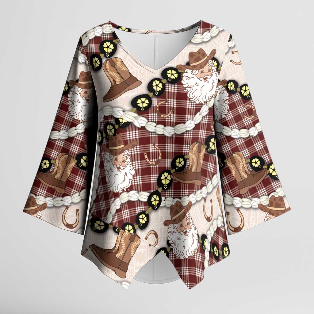 Cowboy Hawaii Mele Kalikimaka Kimono Sleeve Blouse Paniolo Kukui Nut Pikake Lei Burgundy Version LT14 Female Burgundy - Polynesian Pride