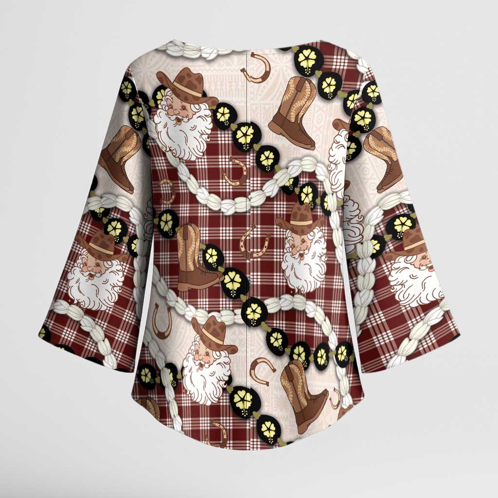 Cowboy Hawaii Mele Kalikimaka Kimono Sleeve Blouse Paniolo Kukui Nut Pikake Lei Burgundy Version LT14 - Polynesian Pride