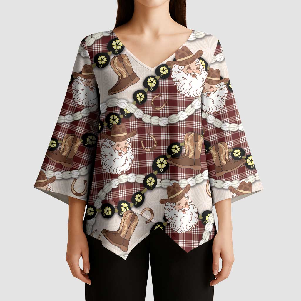 Cowboy Hawaii Mele Kalikimaka Kimono Sleeve Blouse Paniolo Kukui Nut Pikake Lei Burgundy Version LT14 - Polynesian Pride
