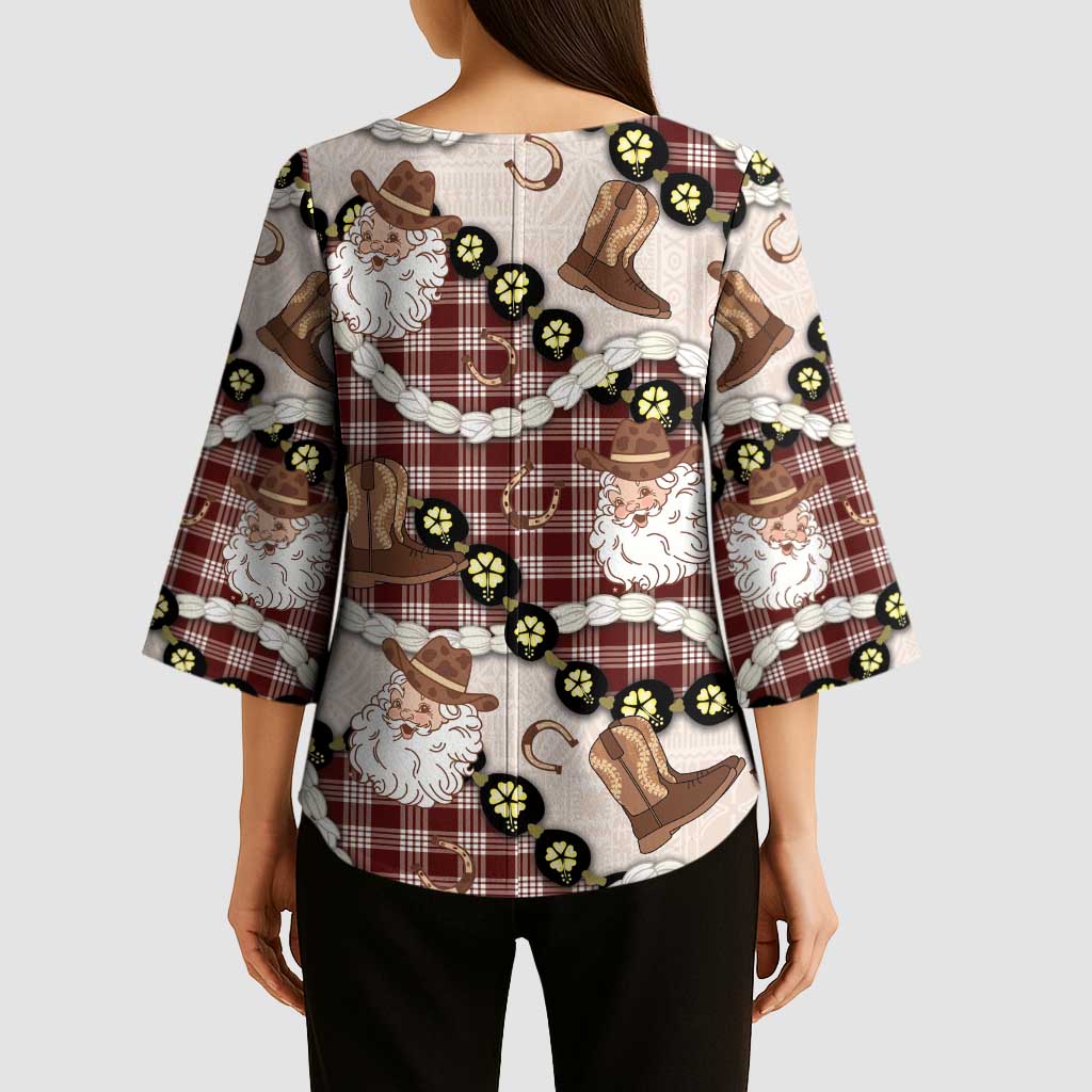 Cowboy Hawaii Mele Kalikimaka Kimono Sleeve Blouse Paniolo Kukui Nut Pikake Lei Burgundy Version LT14 - Polynesian Pride