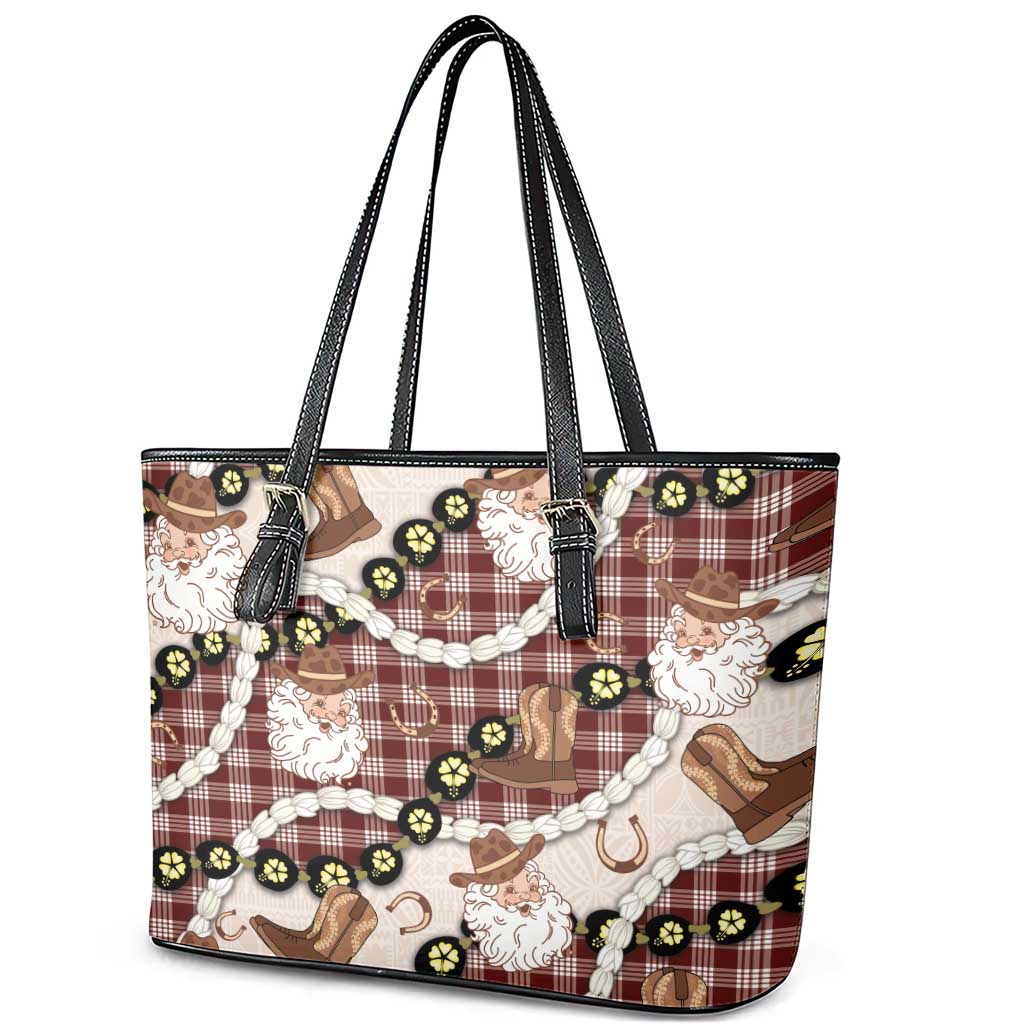 Cowboy Hawaii Mele Kalikimaka Leather Tote Bag Paniolo Kukui Nut Pikake Lei Burgundy Version - Polynesian Pride