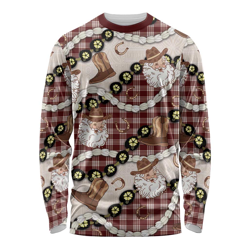 Cowboy Hawaii Mele Kalikimaka Long Sleeve Shirt Paniolo Kukui Nut Pikake Lei Burgundy Version LT14 Unisex Burgundy - Polynesian Pride