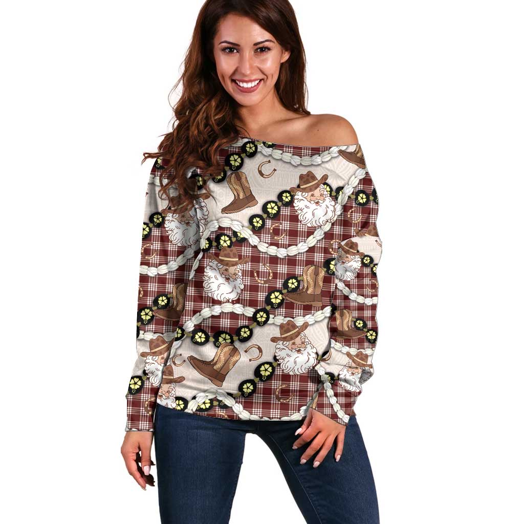 Cowboy Hawaii Mele Kalikimaka Off Shoulder Sweater Paniolo Kukui Nut Pikake Lei Burgundy Version - Polynesian Pride