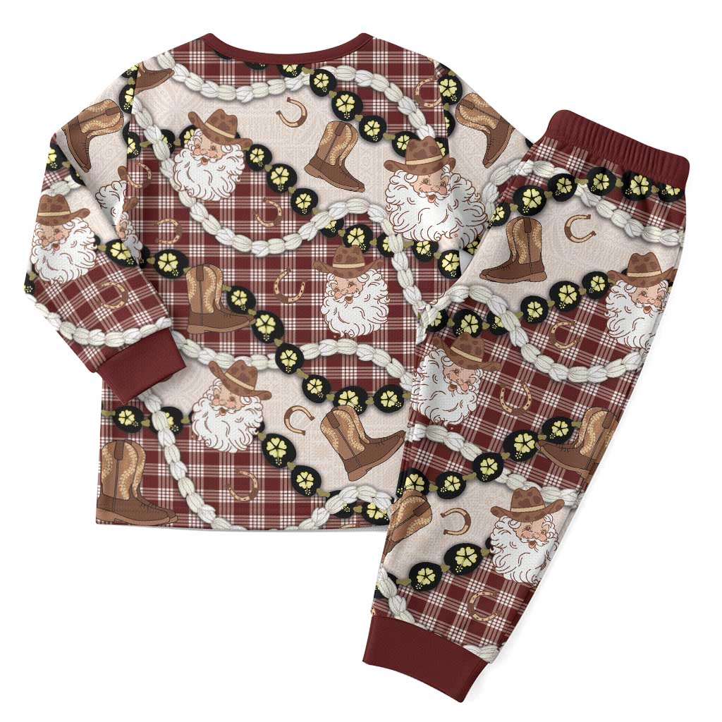 Cowboy Hawaii Mele Kalikimaka Christmas Pajama Set Paniolo Kukui Nut Pikake Lei Burgundy Version - Polynesian Pride