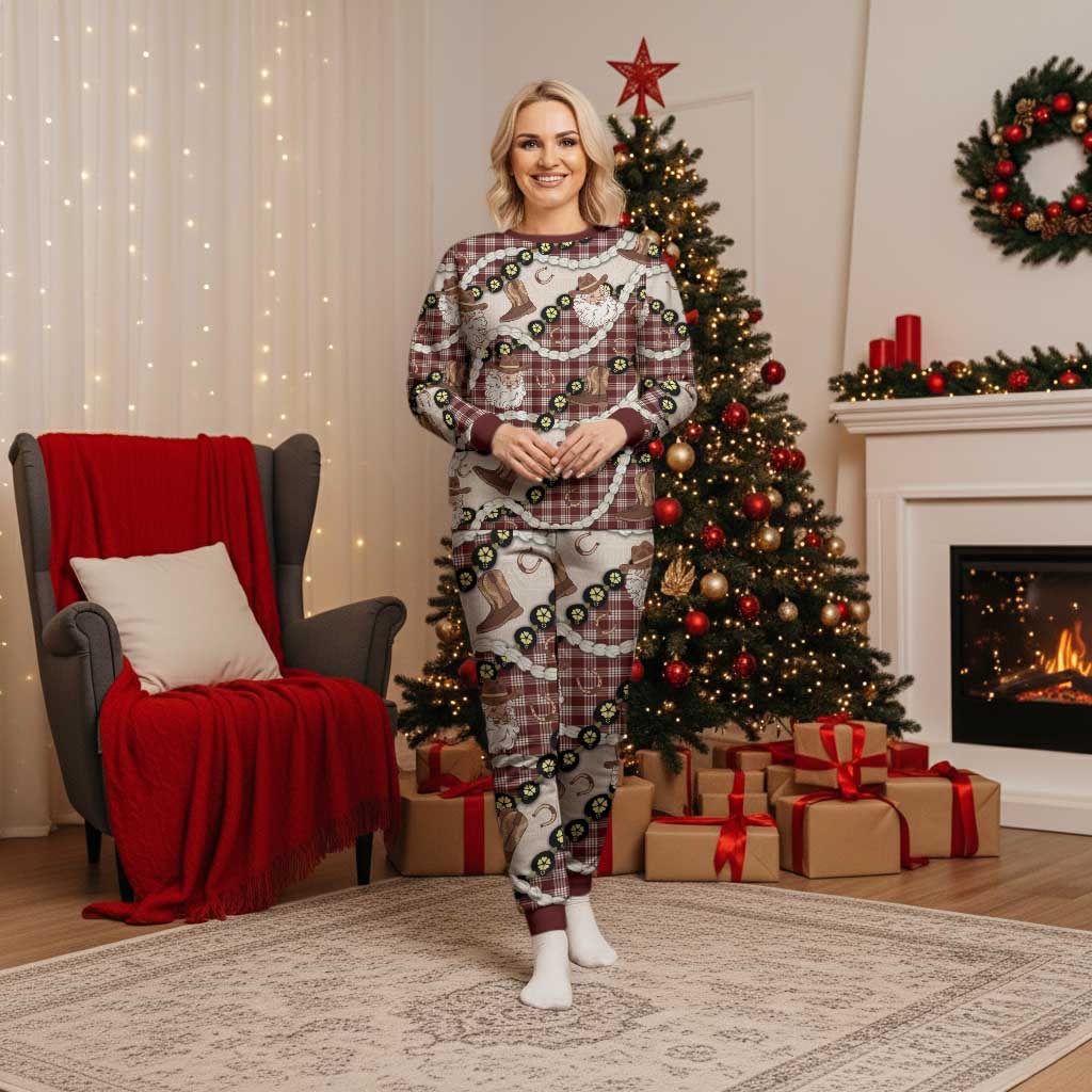 Cowboy Hawaii Mele Kalikimaka Christmas Pajama Set Paniolo Kukui Nut Pikake Lei Burgundy Version - Polynesian Pride