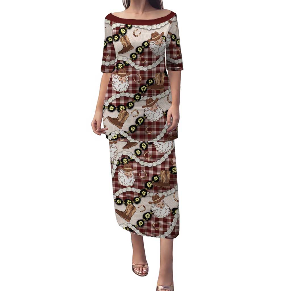 Cowboy Hawaii Mele Kalikimaka Puletasi Paniolo Kukui Nut Pikake Lei Burgundy Version LT14 Long Dress Burgundy - Polynesian Pride