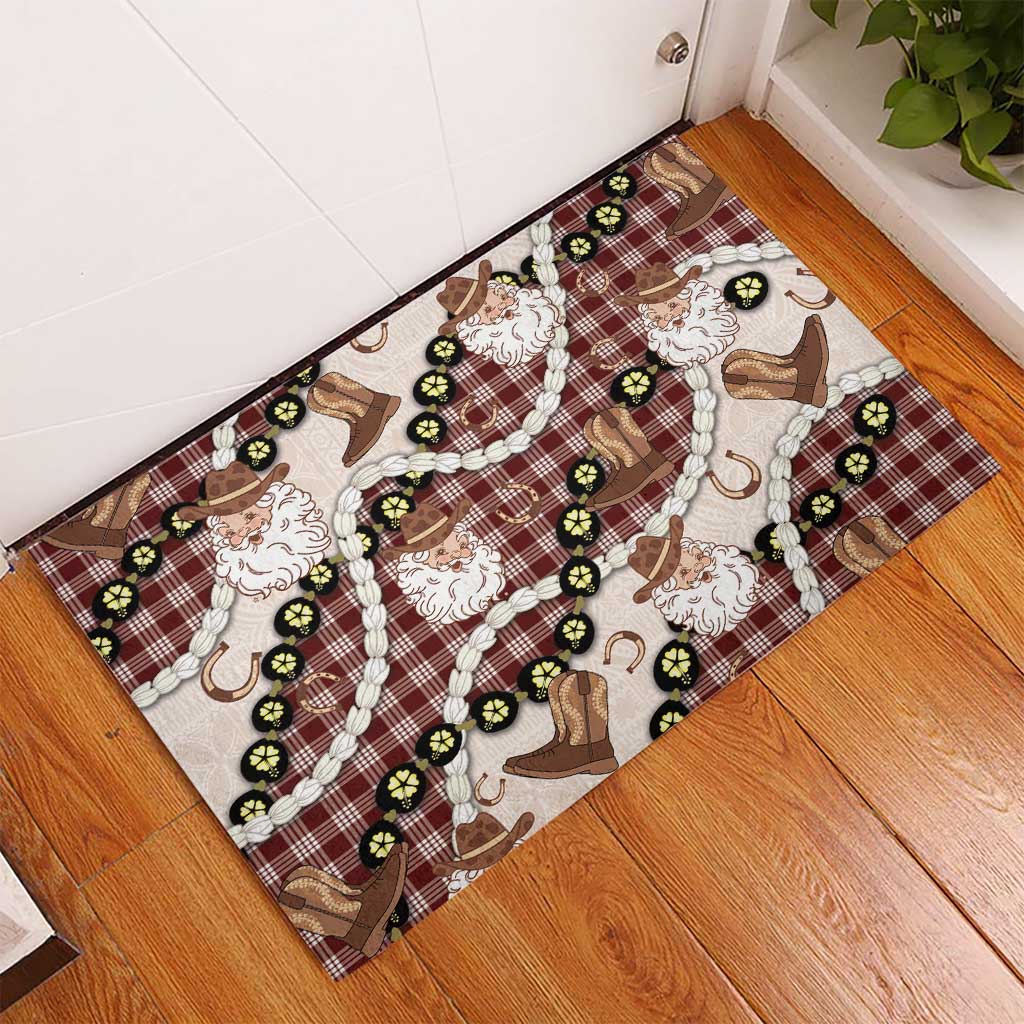 Cowboy Hawaii Mele Kalikimaka Rubber Doormat Paniolo Kukui Nut Pikake Lei Burgundy Version LT14 - Polynesian Pride