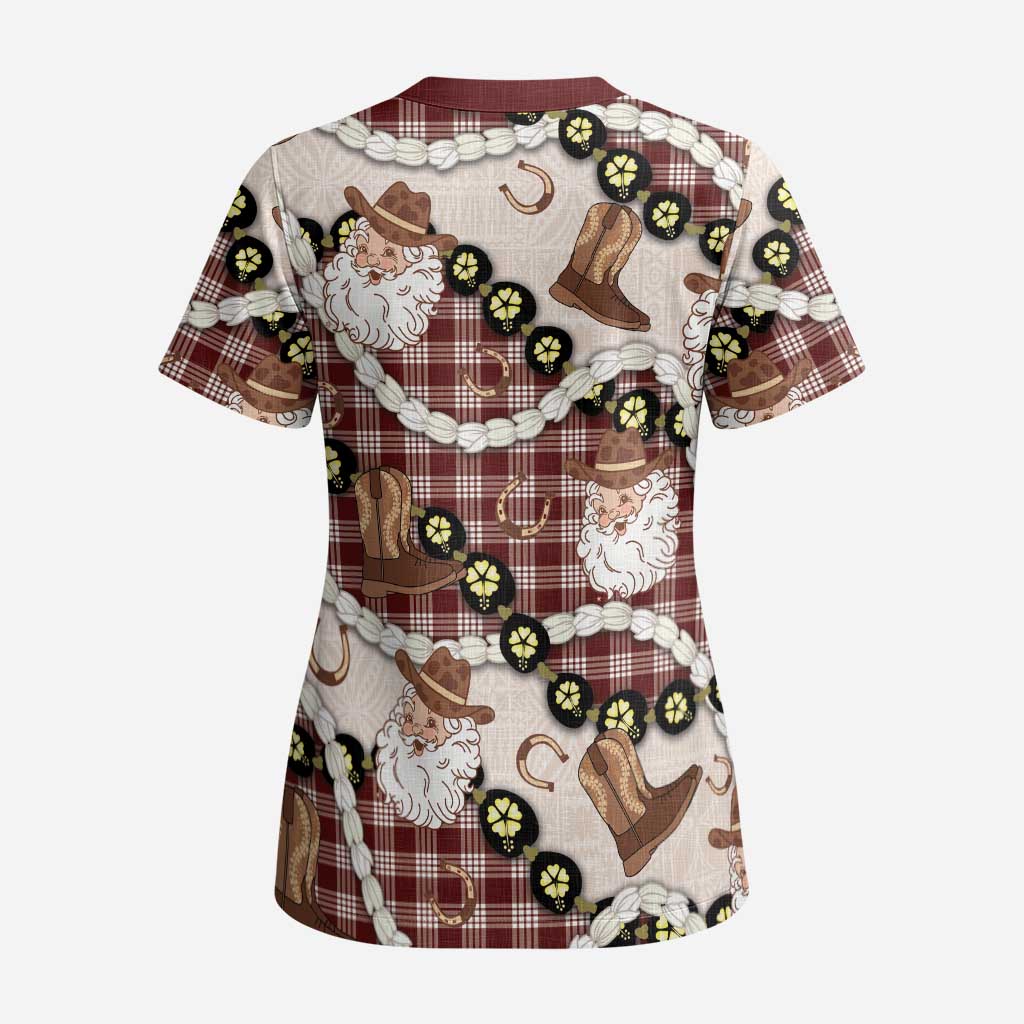 Cowboy Hawaii Mele Kalikimaka Scrub Top Paniolo Kukui Nut Pikake Lei Burgundy Version LT14 - Polynesian Pride