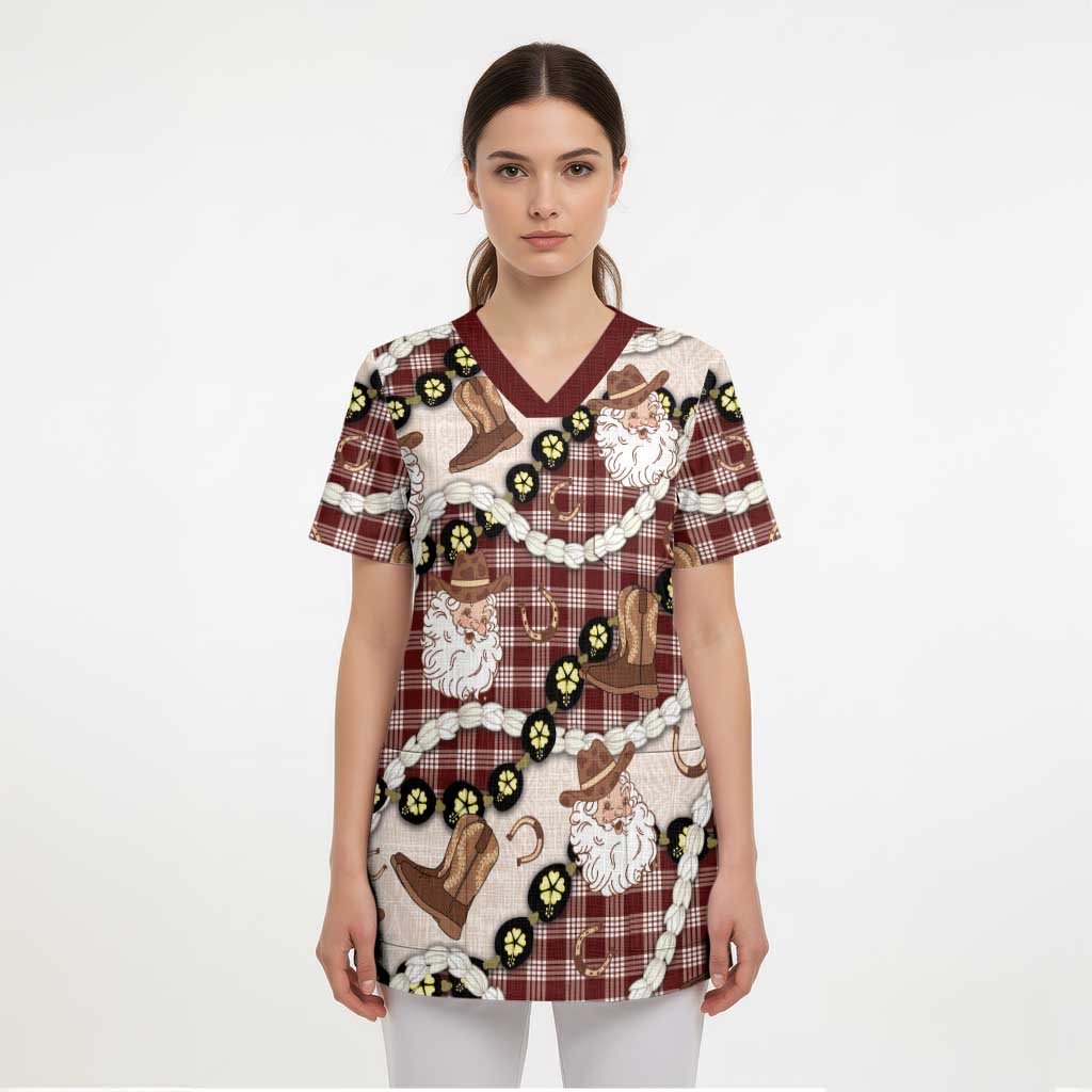 Cowboy Hawaii Mele Kalikimaka Scrub Top Paniolo Kukui Nut Pikake Lei Burgundy Version LT14 - Polynesian Pride