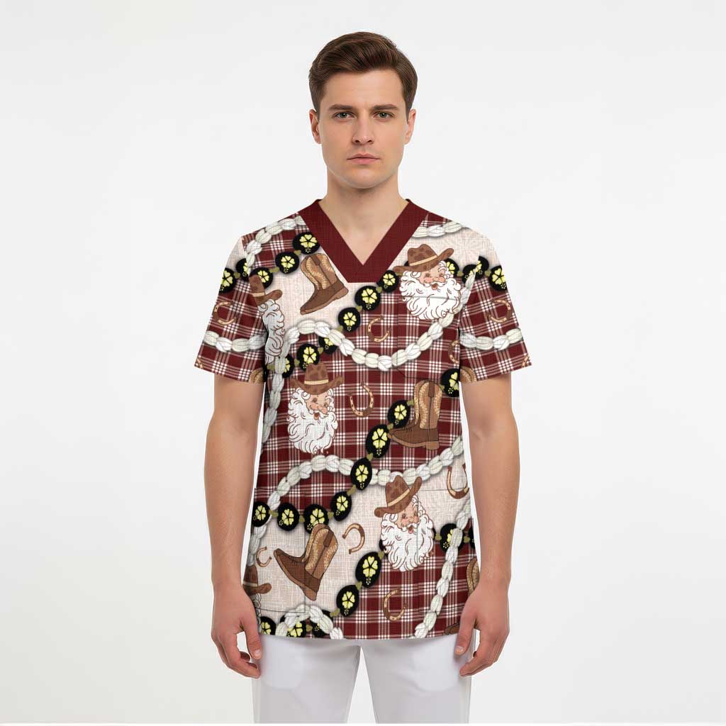 Cowboy Hawaii Mele Kalikimaka Scrub Top Paniolo Kukui Nut Pikake Lei Burgundy Version LT14 - Polynesian Pride