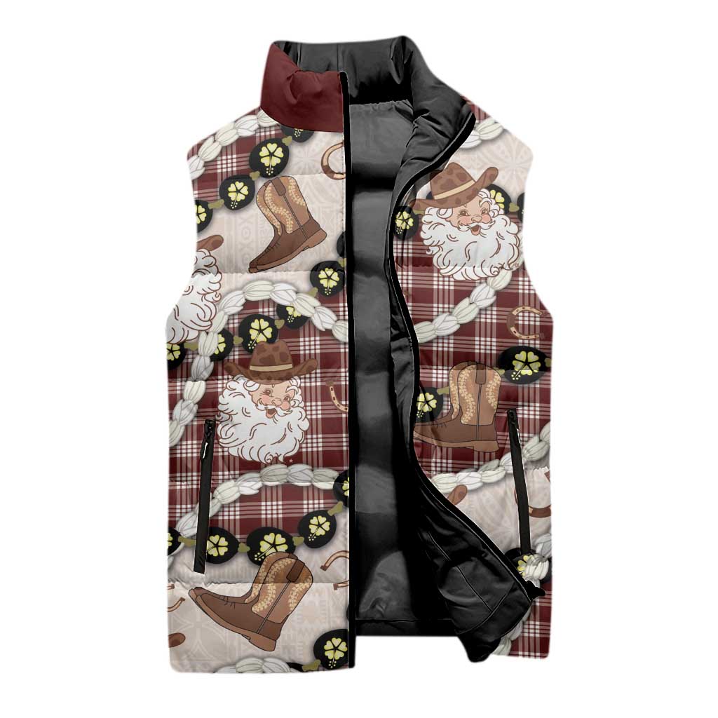 Cowboy Hawaii Mele Kalikimaka Sleeveless Puffer Jacket Paniolo Kukui Nut Pikake Lei Burgundy Version LT14 - Polynesian Pride