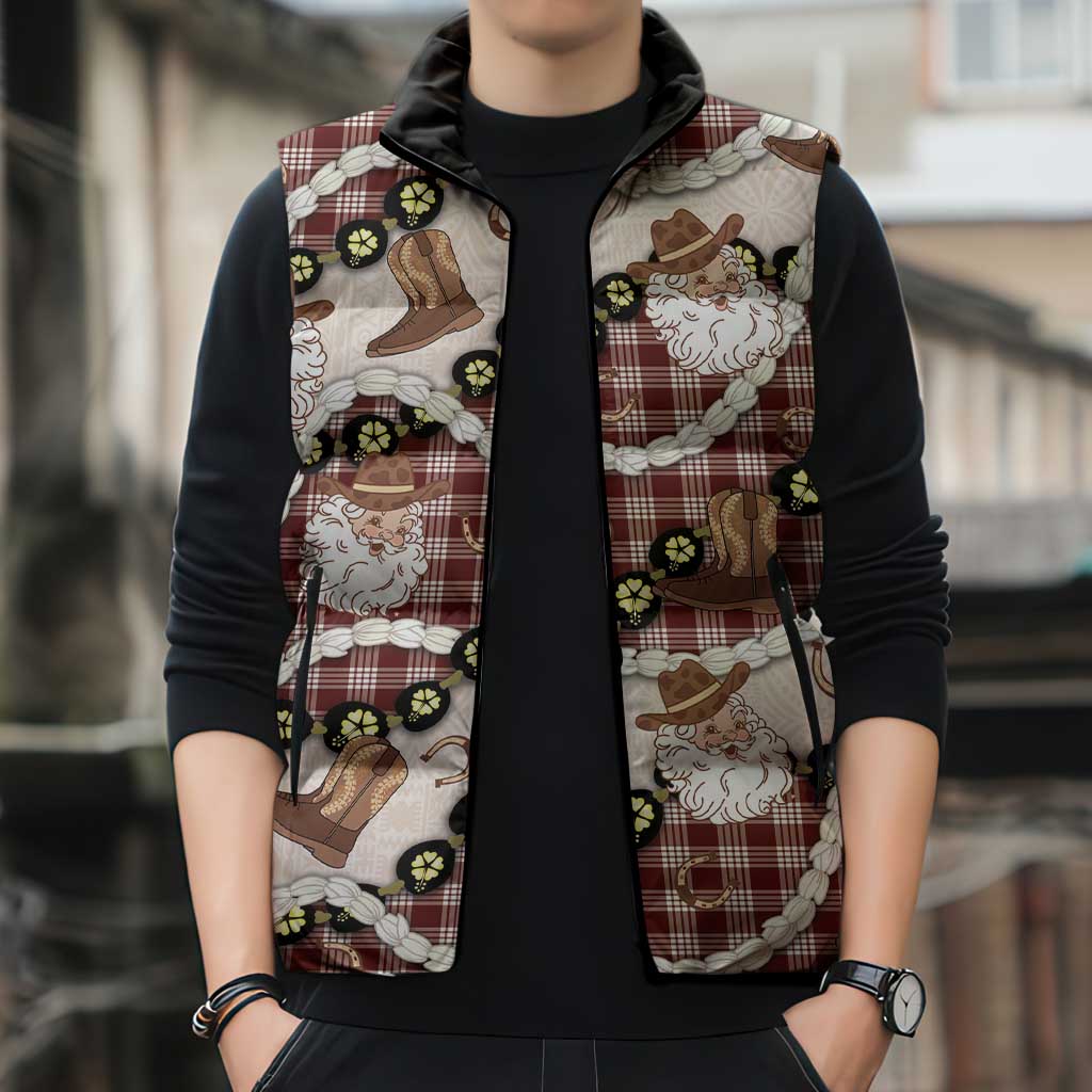 Cowboy Hawaii Mele Kalikimaka Sleeveless Puffer Jacket Paniolo Kukui Nut Pikake Lei Burgundy Version LT14 - Polynesian Pride