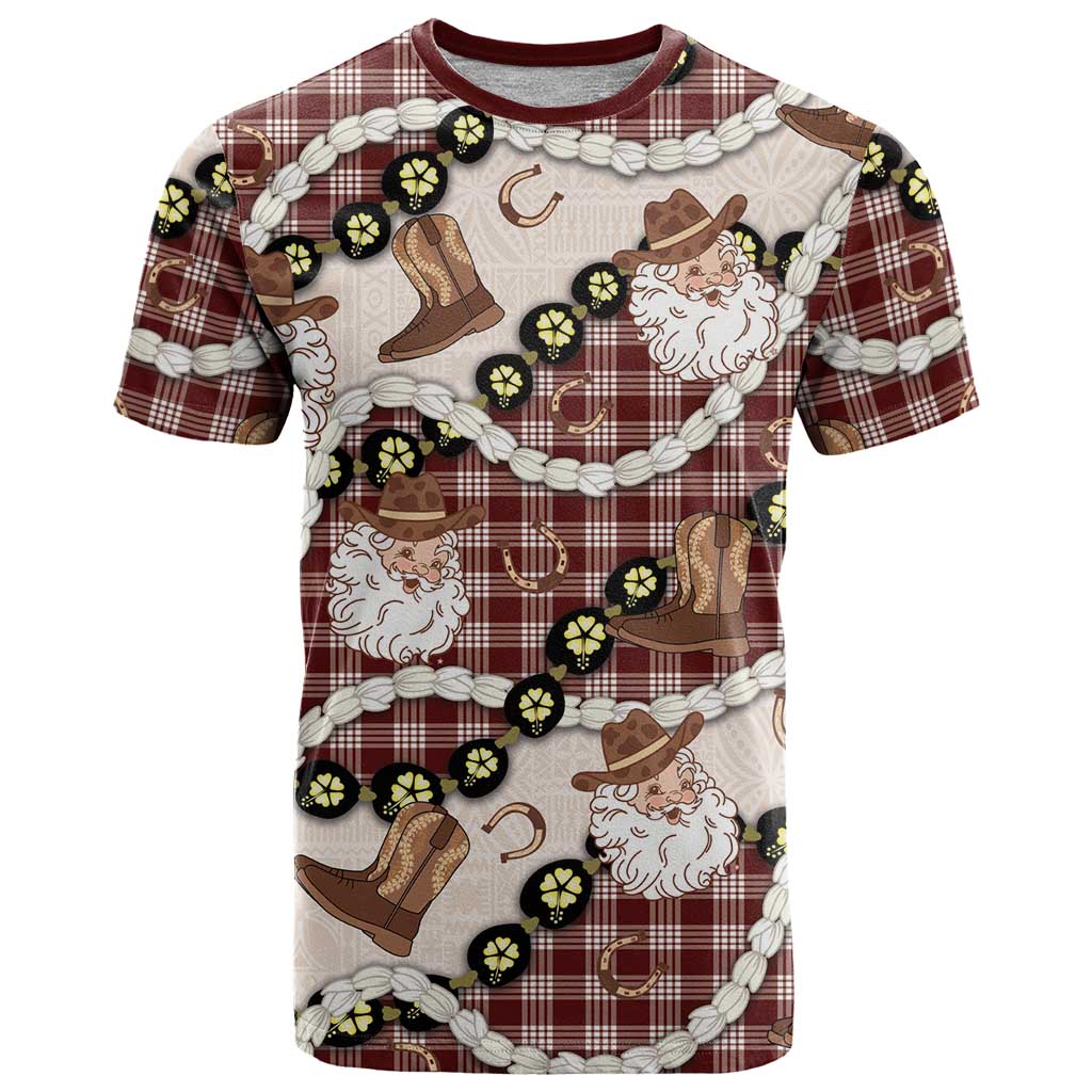 Cowboy Hawaii Mele Kalikimaka T Shirt Paniolo Kukui Nut Pikake Lei Burgundy Version - Polynesian Pride