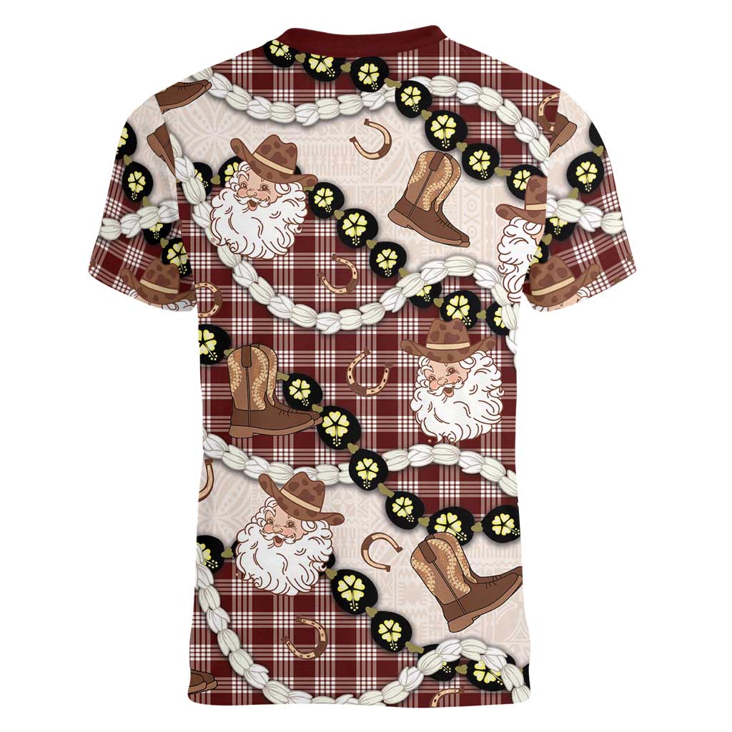Cowboy Hawaii Mele Kalikimaka Women V-Neck T-Shirt Paniolo Kukui Nut Pikake Lei Burgundy Version - Polynesian Pride