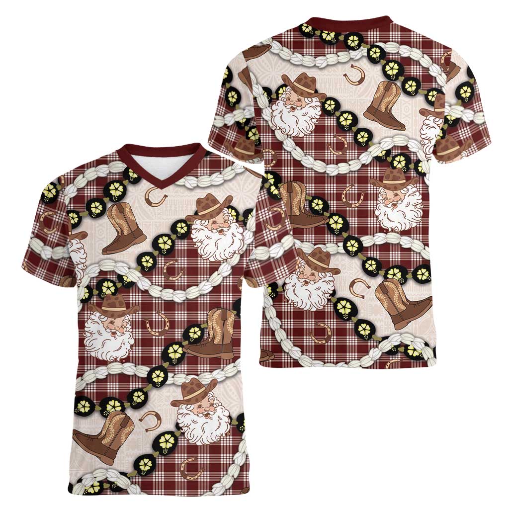Cowboy Hawaii Mele Kalikimaka Women V-Neck T-Shirt Paniolo Kukui Nut Pikake Lei Burgundy Version - Polynesian Pride