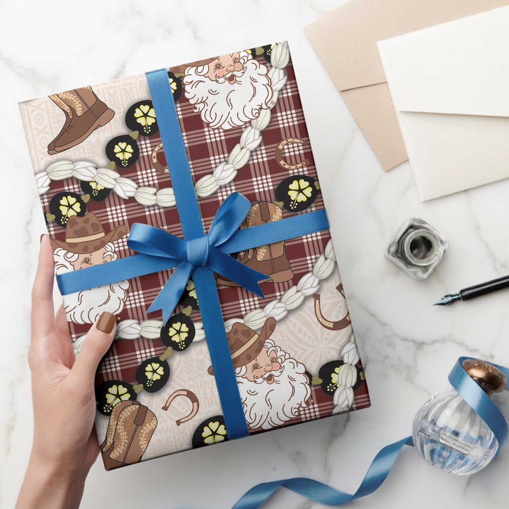 Cowboy Hawaii Mele Kalikimaka Wrapping Paper Paniolo Kukui Nut Pikake Lei Burgundy Version LT14 - Polynesian Pride