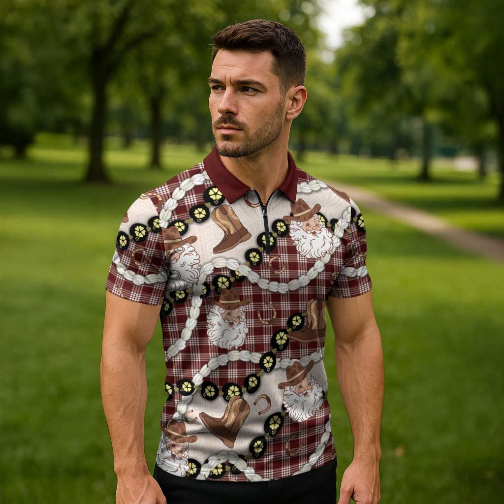 Cowboy Hawaii Mele Kalikimaka Zipper Polo Shirt Paniolo Kukui Nut Pikake Lei Burgundy Version - Polynesian Pride