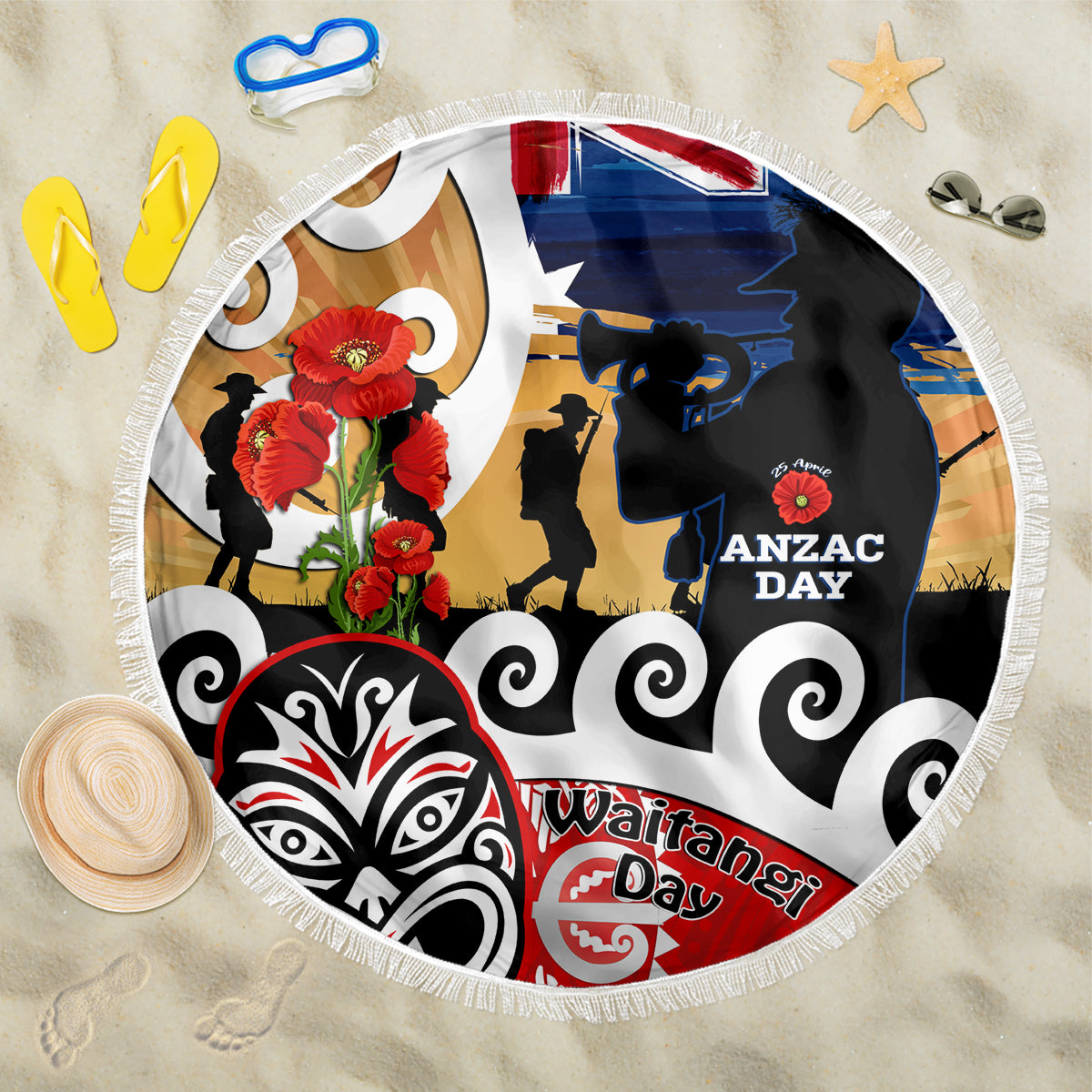 New Zealand Waitangi And ANZAC Day Beach Blanket Aotearoa Maori Tiki With Last Post LT14 One Size 150cm Black - Polynesian Pride