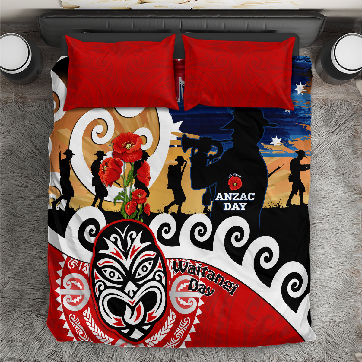 New Zealand Waitangi And ANZAC Day Bedding Set Aotearoa Maori Tiki With Last Post