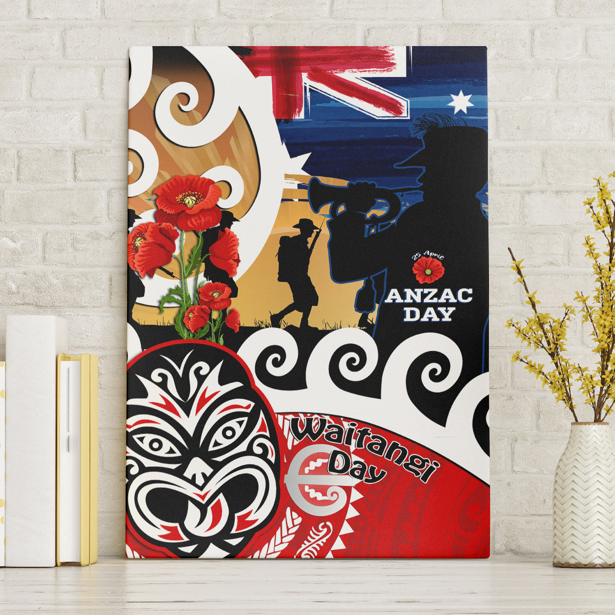 New Zealand Waitangi And ANZAC Day Canvas Wall Art Aotearoa Maori Tiki With Last Post LT14 Without Frame Black - Polynesian Pride