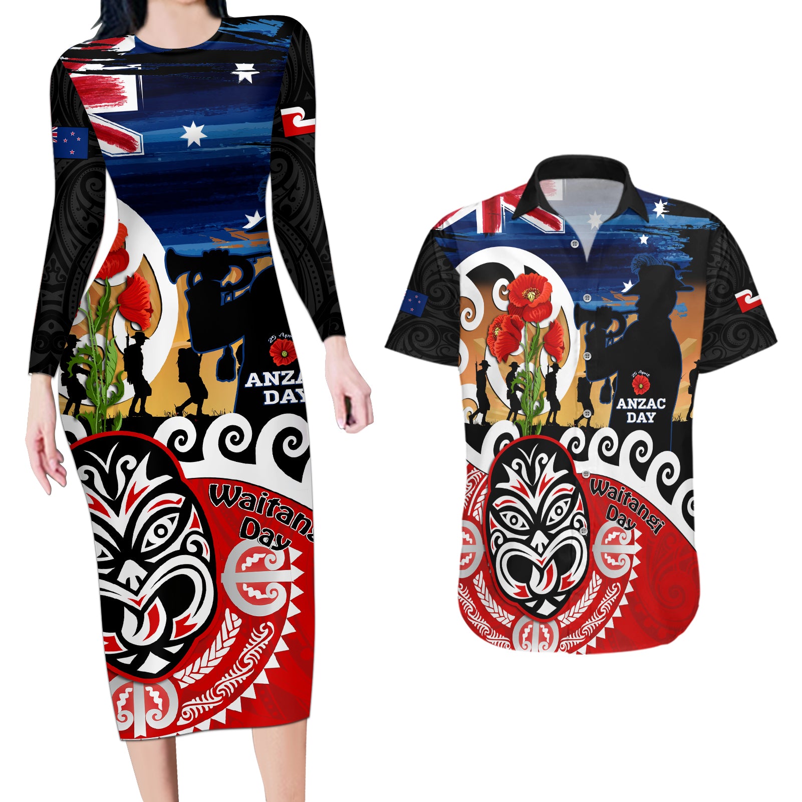 New Zealand Waitangi And ANZAC Day Couples Matching Long Sleeve Bodycon Dress and Hawaiian Shirt Aotearoa Maori Tiki With Last Post LT14 Black - Polynesian Pride