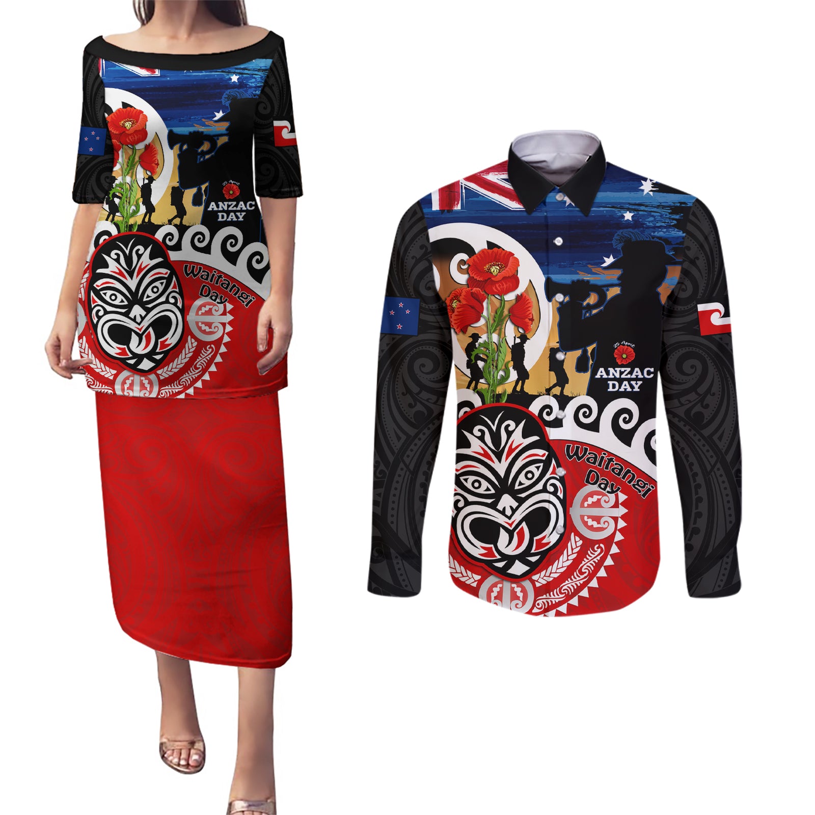 New Zealand Waitangi And ANZAC Day Couples Matching Puletasi and Long Sleeve Button Shirt Aotearoa Maori Tiki With Last Post LT14 Black - Polynesian Pride