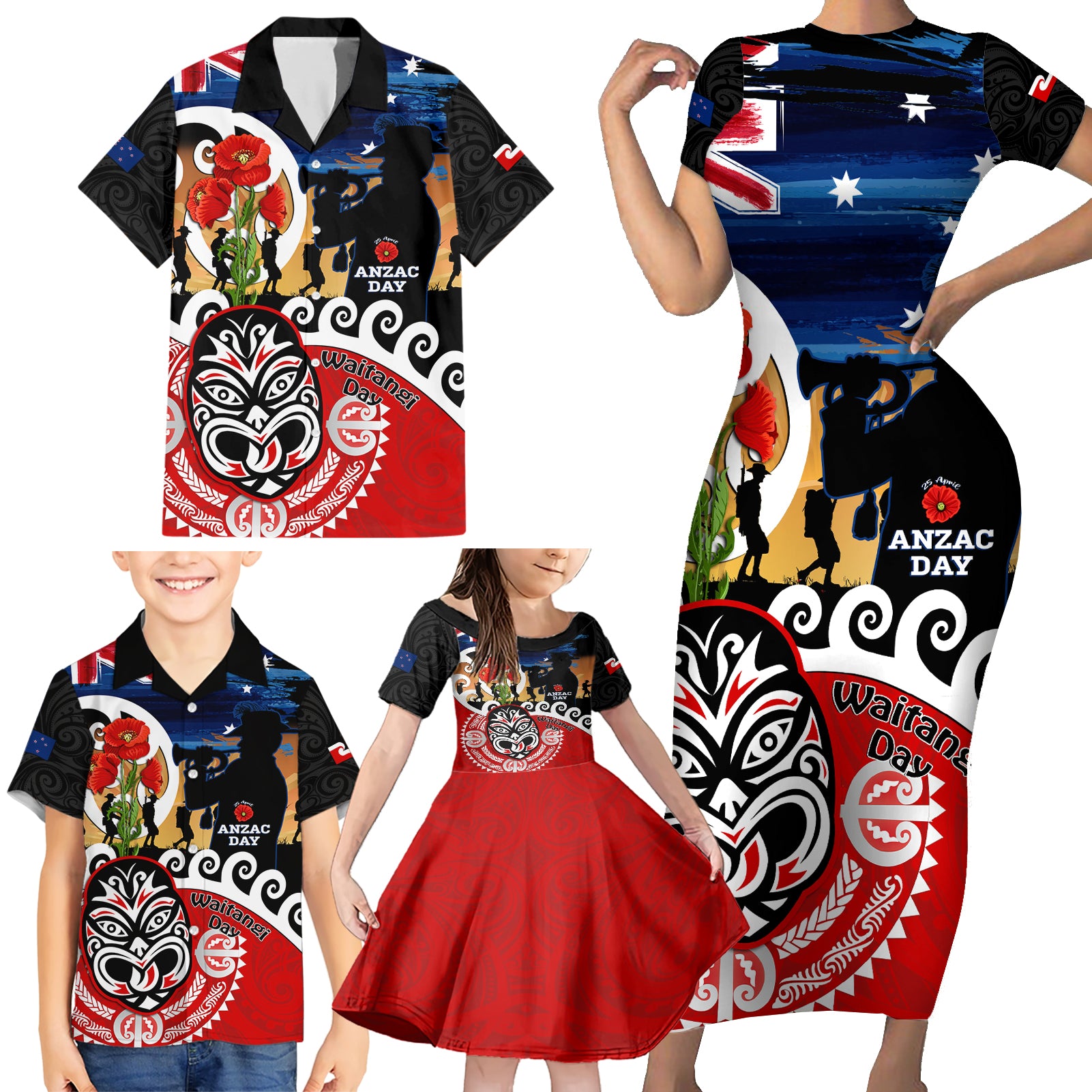 New Zealand Waitangi And ANZAC Day Family Matching Short Sleeve Bodycon Dress and Hawaiian Shirt Aotearoa Maori Tiki With Last Post LT14 - Polynesian Pride