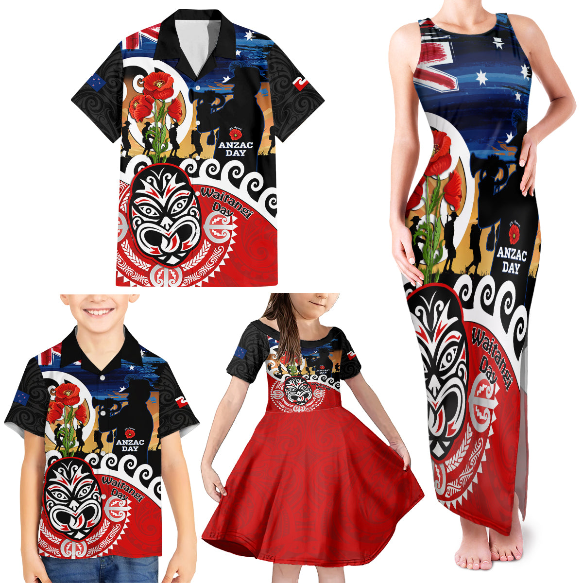 New Zealand Waitangi And ANZAC Day Family Matching Tank Maxi Dress and Hawaiian Shirt Aotearoa Maori Tiki With Last Post LT14 - Polynesian Pride