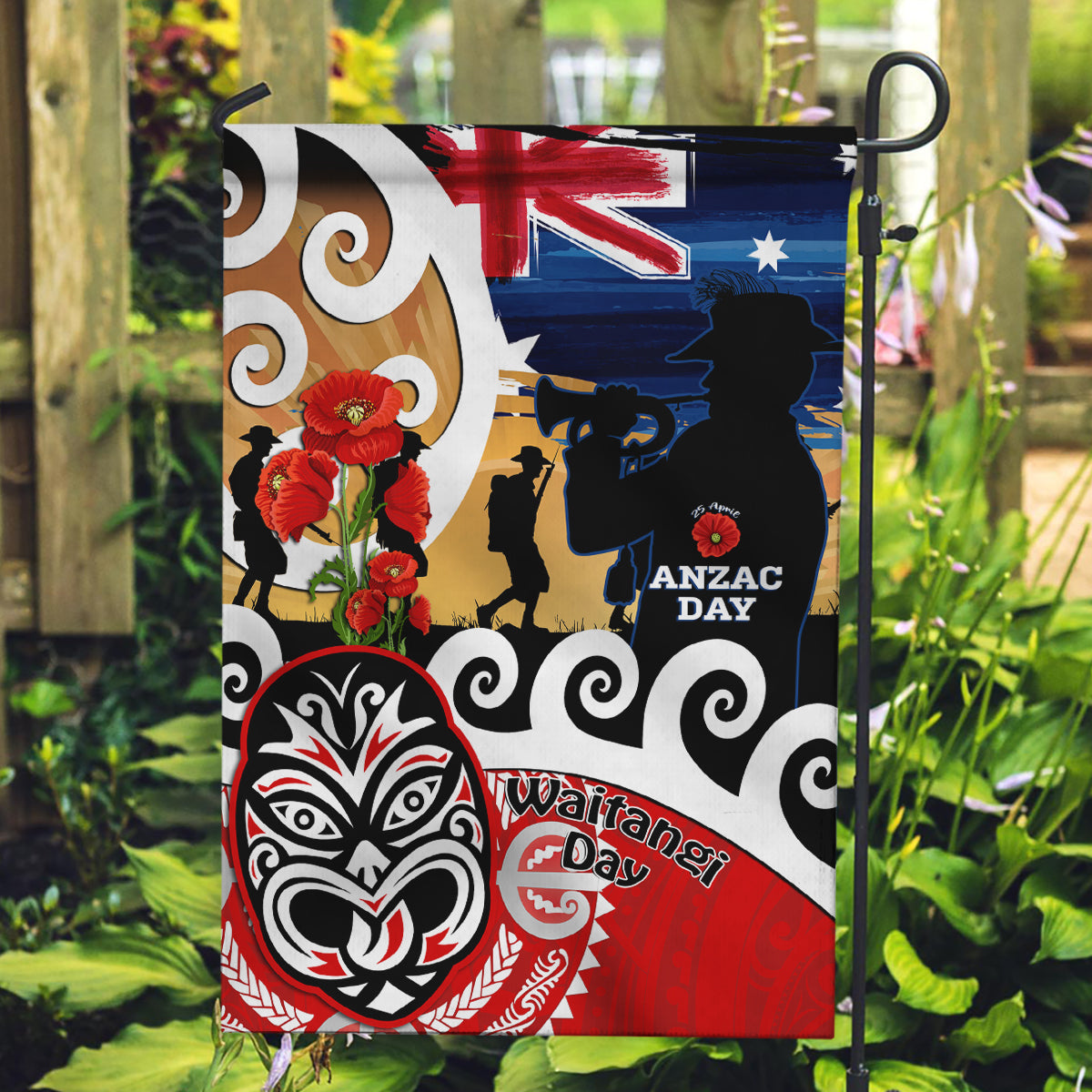New Zealand Waitangi And ANZAC Day Garden Flag Aotearoa Maori Tiki With Last Post LT14 Garden Flag Black - Polynesian Pride