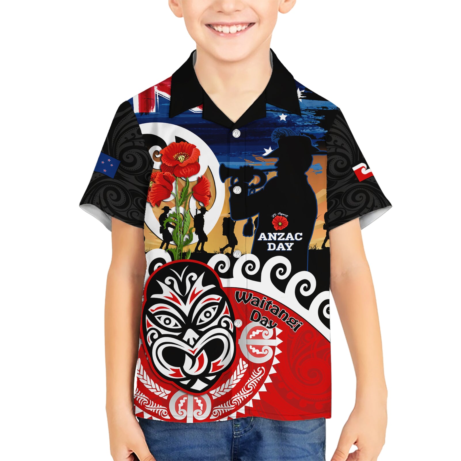 New Zealand Waitangi And ANZAC Day Kid Hawaiian Shirt Aotearoa Maori Tiki With Last Post LT14 Kid Black - Polynesian Pride