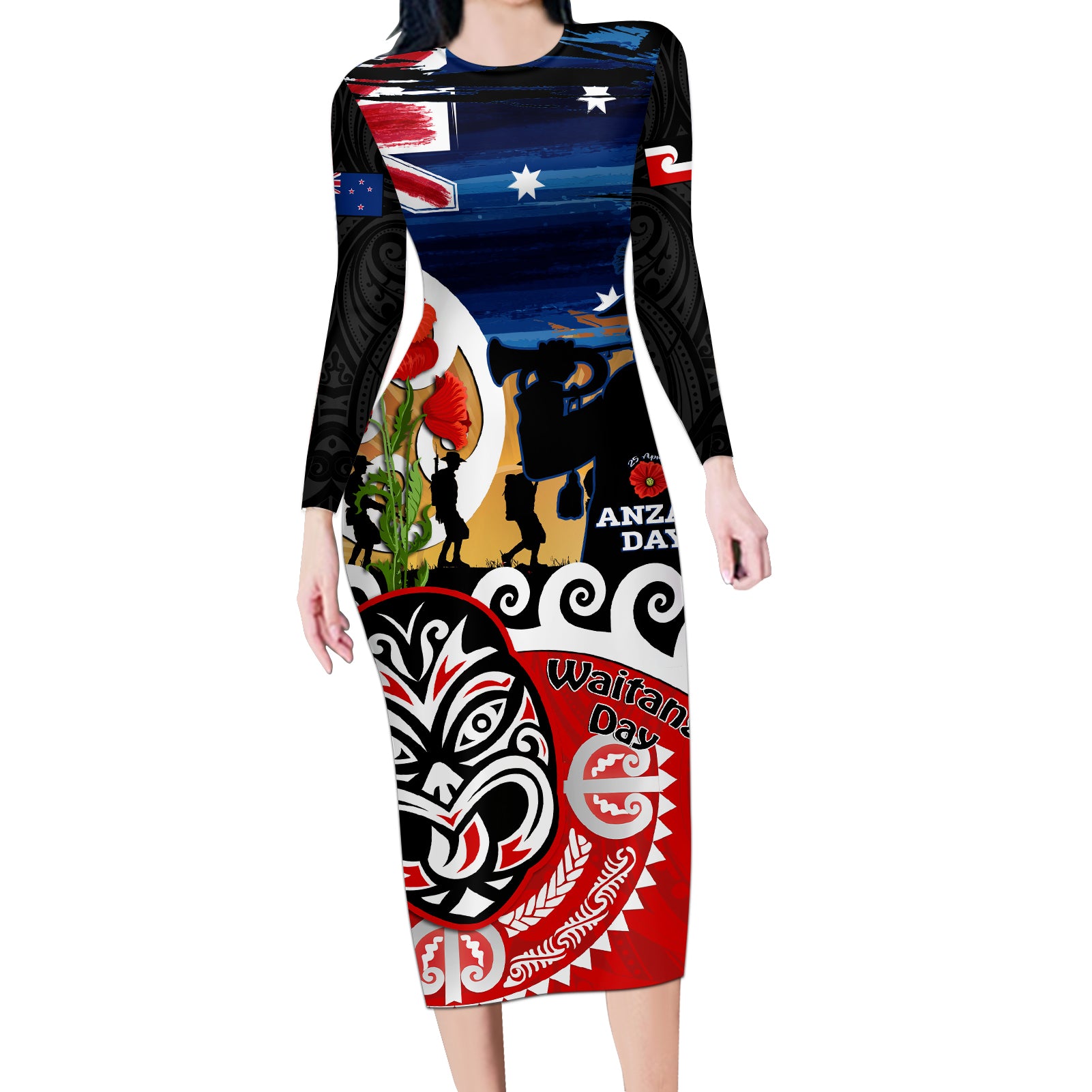 New Zealand Waitangi And ANZAC Day Long Sleeve Bodycon Dress Aotearoa Maori Tiki With Last Post LT14 Long Dress Black - Polynesian Pride