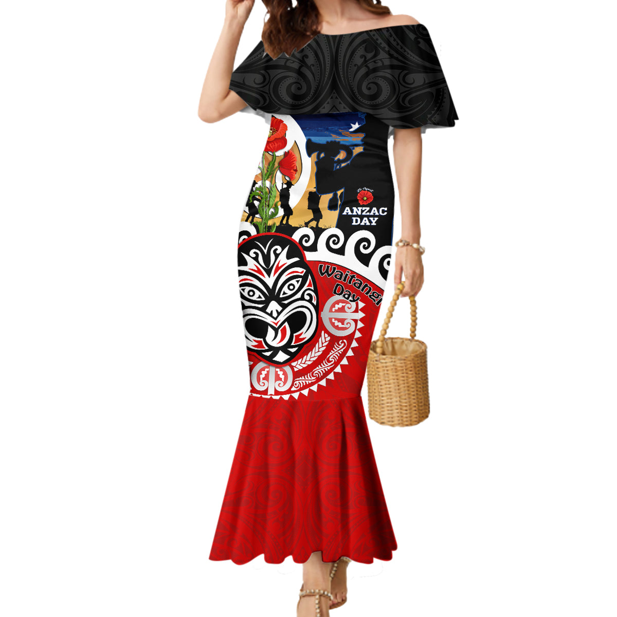 New Zealand Waitangi And ANZAC Day Mermaid Dress Aotearoa Maori Tiki With Last Post LT14 Women Black - Polynesian Pride