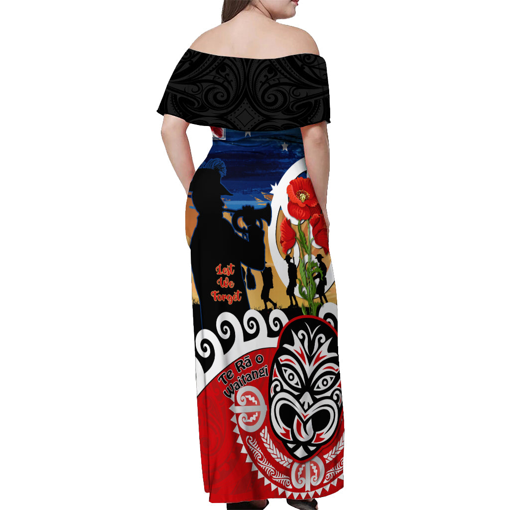 New Zealand Waitangi And ANZAC Day Off Shoulder Maxi Dress Aotearoa Maori Tiki With Last Post LT14 - Polynesian Pride