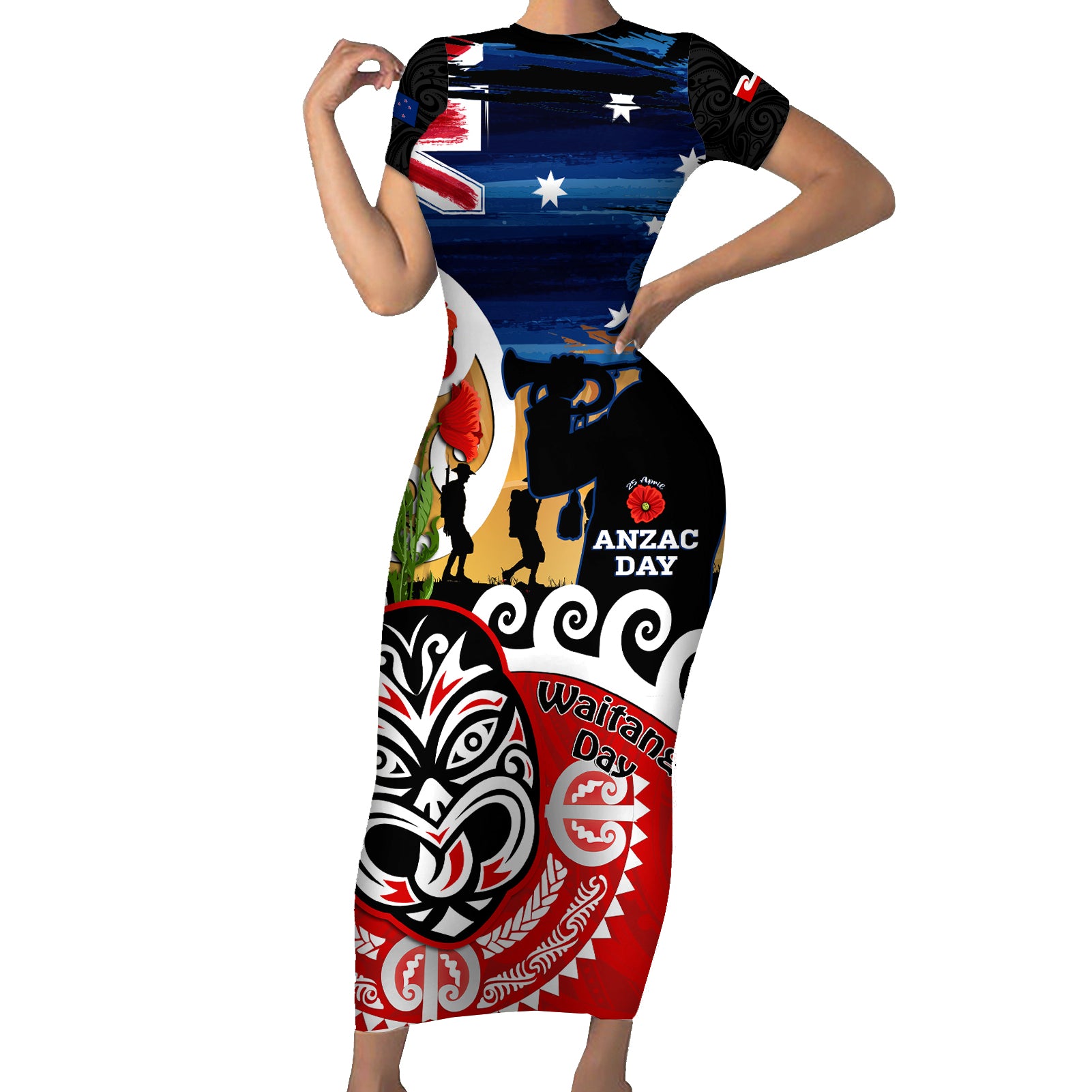 New Zealand Waitangi And ANZAC Day Short Sleeve Bodycon Dress Aotearoa Maori Tiki With Last Post LT14 Long Dress Black - Polynesian Pride