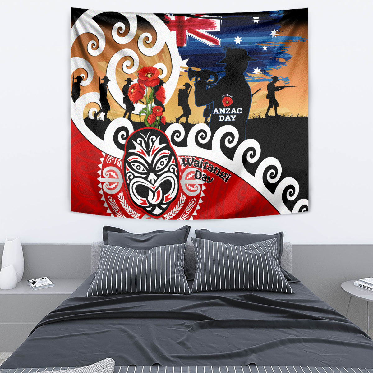 New Zealand Waitangi And ANZAC Day Tapestry Aotearoa Maori Tiki With Last Post LT14 - Polynesian Pride