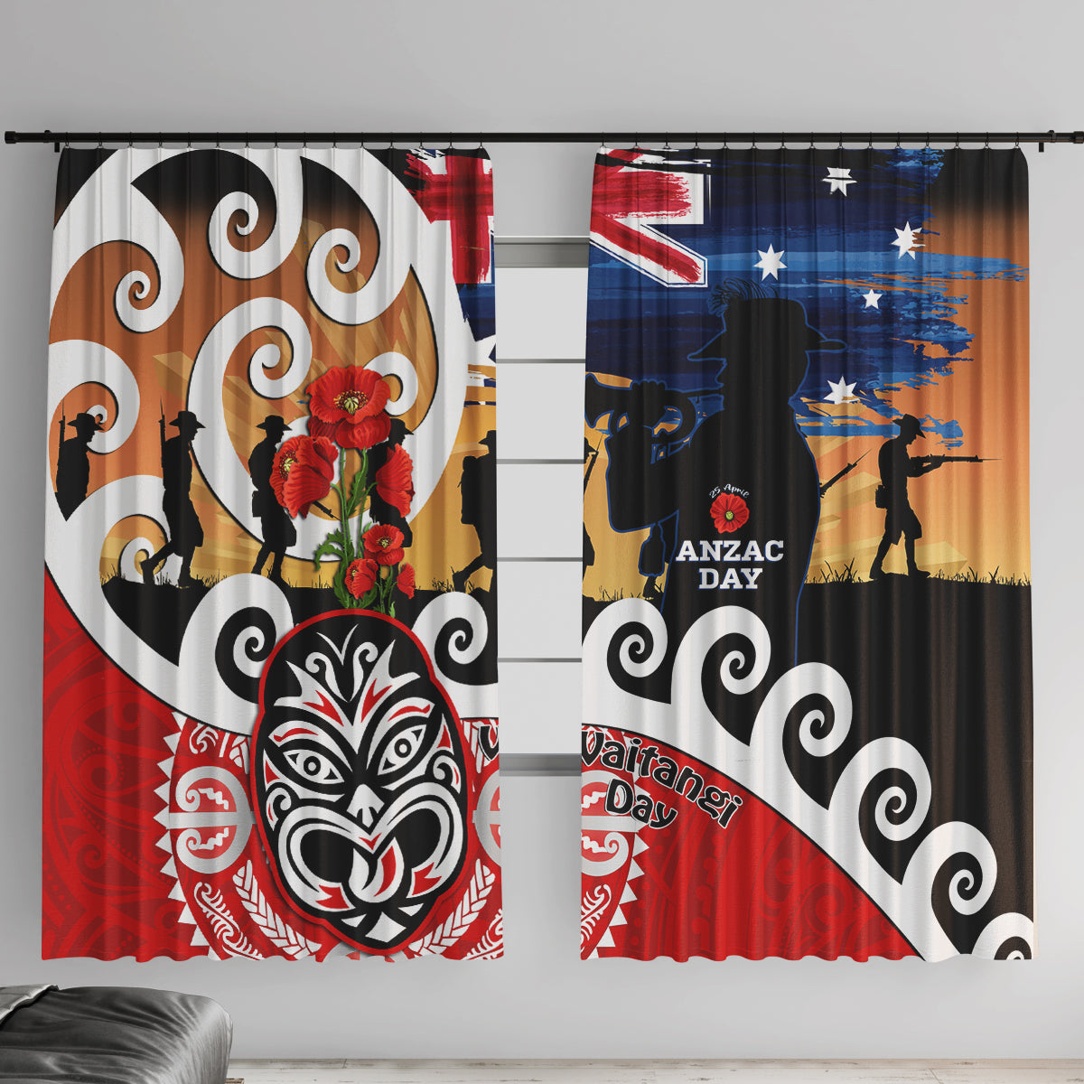 New Zealand Waitangi And ANZAC Day Window Curtain Aotearoa Maori Tiki With Last Post LT14 With Hooks Black - Polynesian Pride