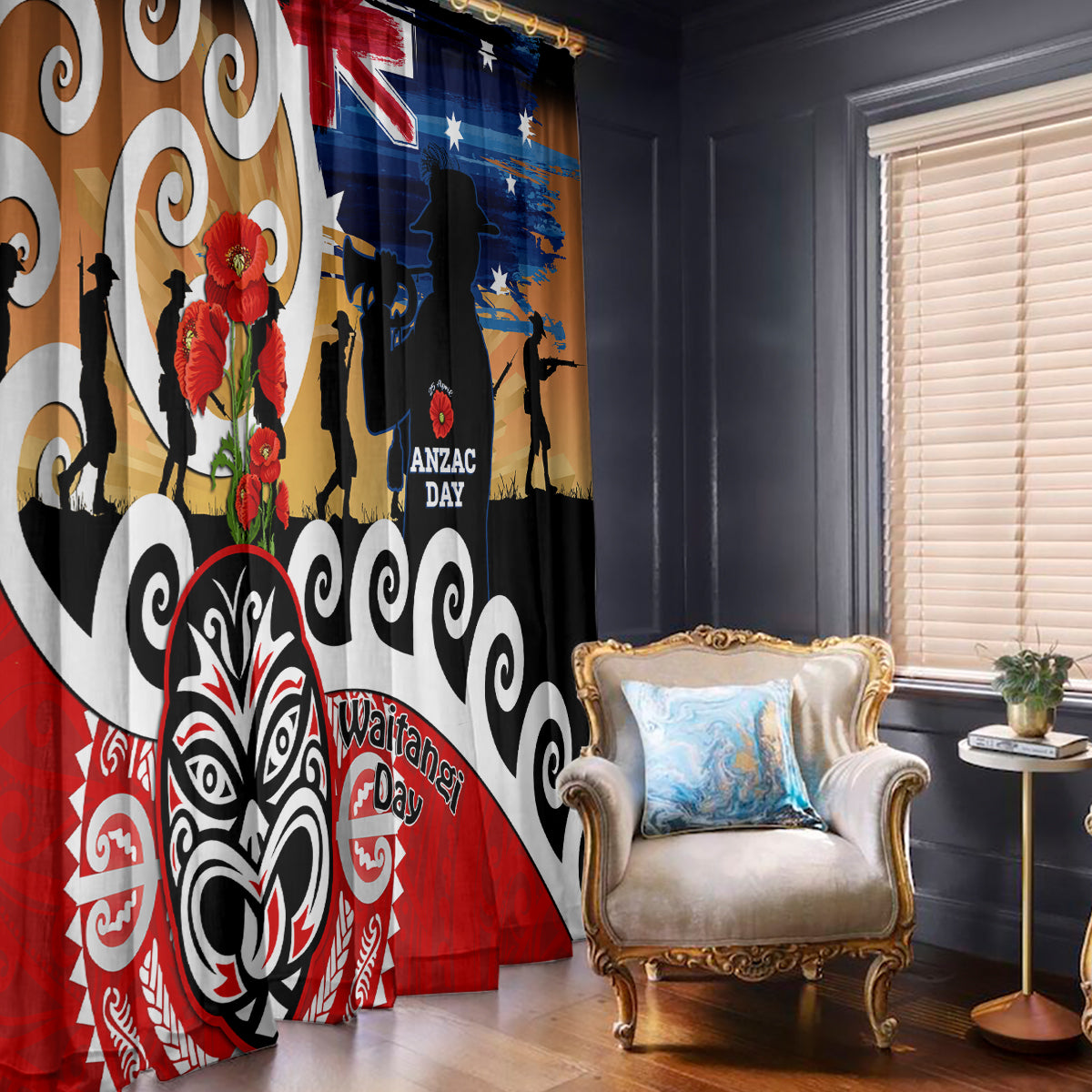 New Zealand Waitangi And ANZAC Day Window Curtain Aotearoa Maori Tiki With Last Post LT14 - Polynesian Pride
