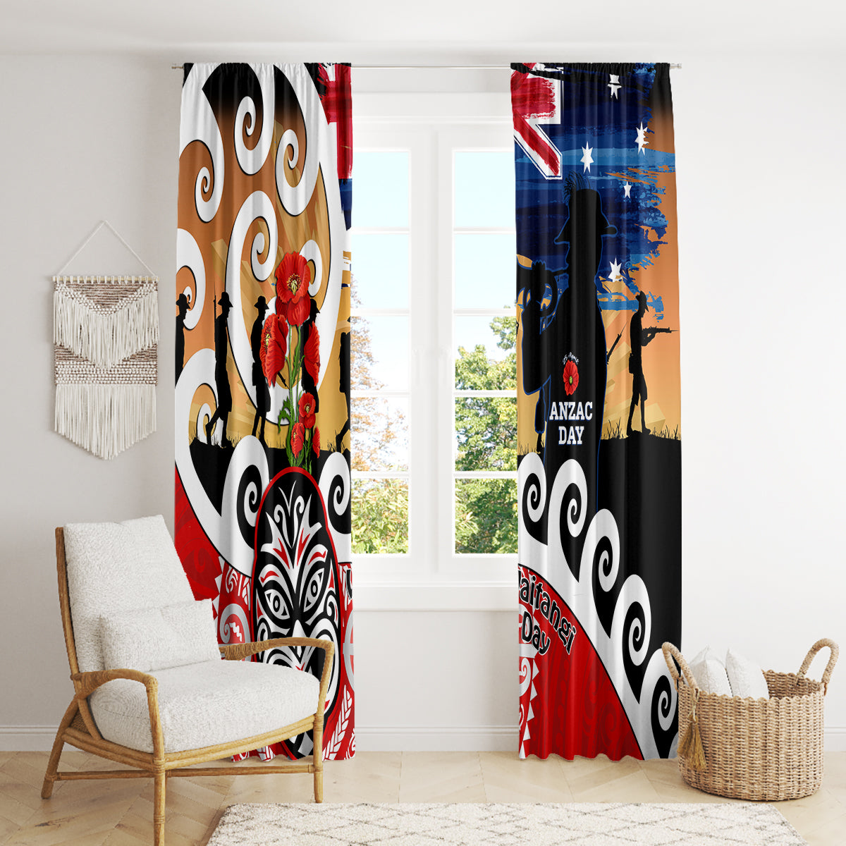 New Zealand Waitangi And ANZAC Day Window Curtain Aotearoa Maori Tiki With Last Post LT14 - Polynesian Pride