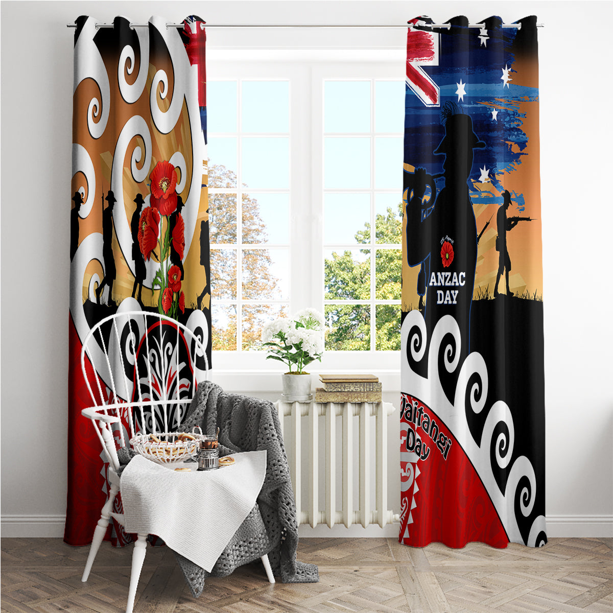 New Zealand Waitangi And ANZAC Day Window Curtain Aotearoa Maori Tiki With Last Post LT14 - Polynesian Pride