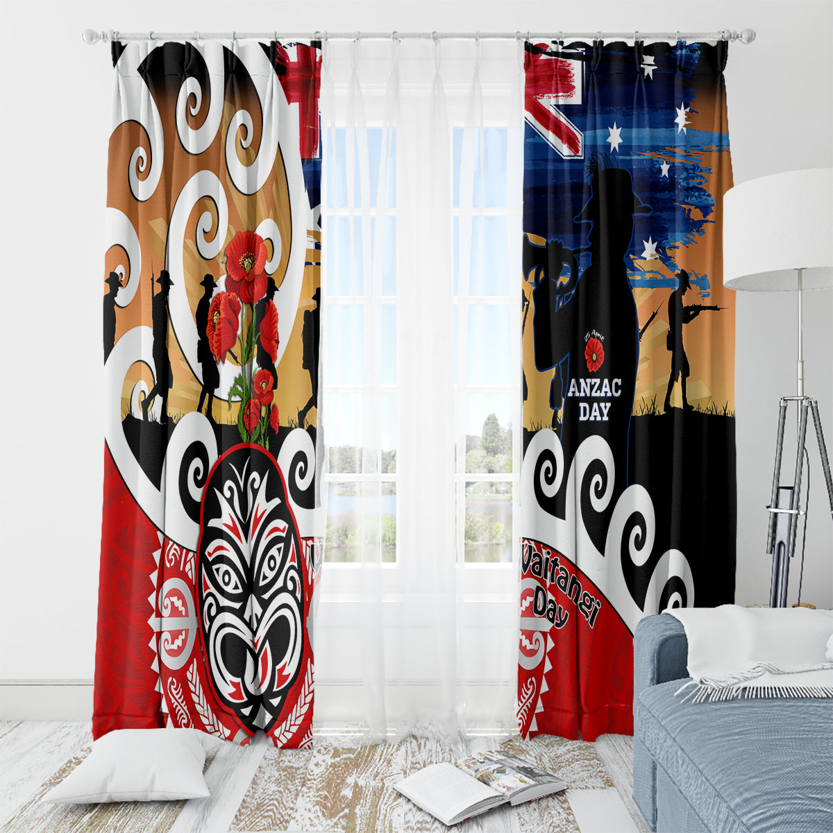 New Zealand Waitangi And ANZAC Day Window Curtain Aotearoa Maori Tiki With Last Post LT14 - Polynesian Pride