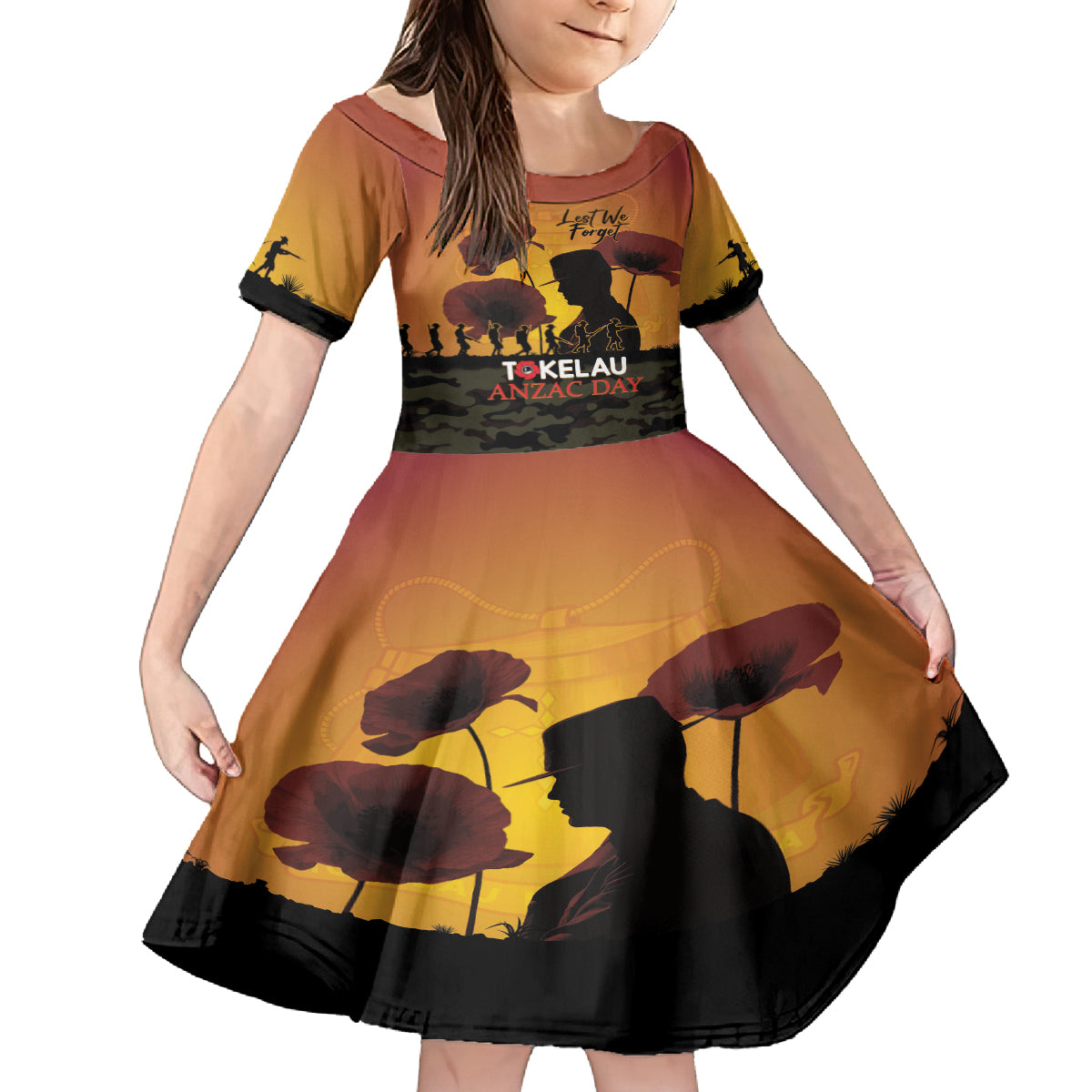 Tokelau ANZAC Day Family Matching Off Shoulder Maxi Dress and Hawaiian Shirt Camouflage With Poppies Lest We Forget LT14 Daughter's Dress Yellow - Polynesian Pride
