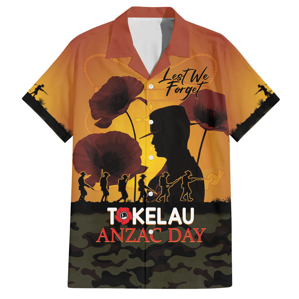 Tokelau ANZAC Day Family Matching Off Shoulder Maxi Dress and Hawaiian Shirt Camouflage With Poppies Lest We Forget LT14 Dad's Shirt - Short Sleeve Yellow - Polynesian Pride