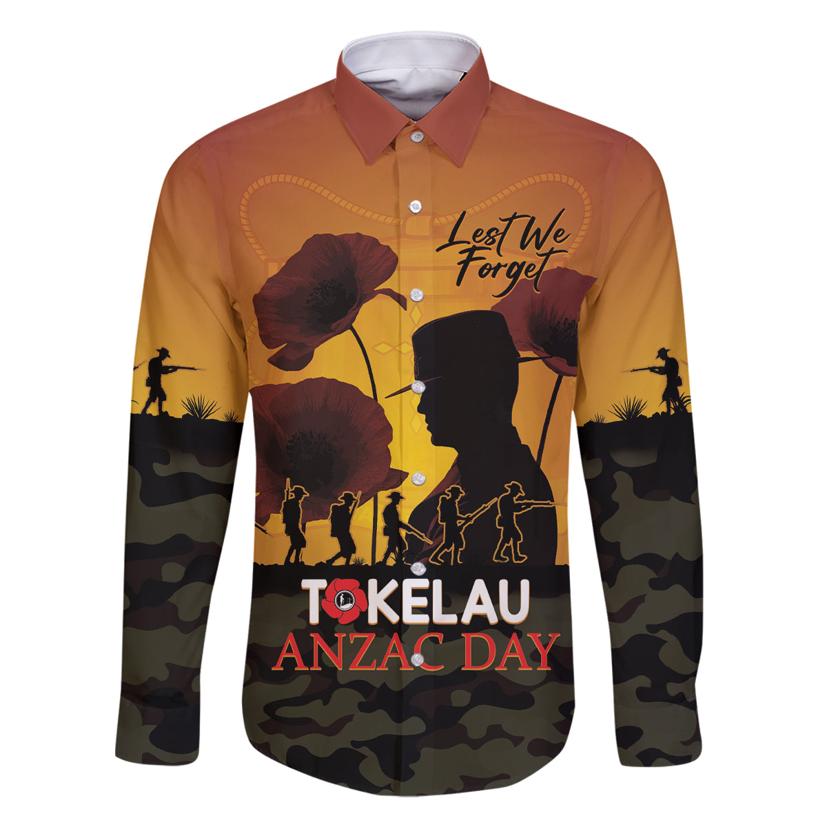 Tokelau ANZAC Day Family Matching Summer Maxi Dress and Hawaiian Shirt Camouflage With Poppies Lest We Forget LT14 Dad's Shirt - Long Sleeve Yellow - Polynesian Pride