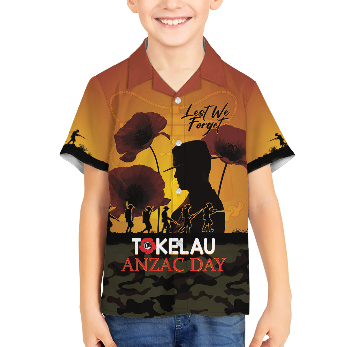 Tokelau ANZAC Day Family Matching Tank Maxi Dress and Hawaiian Shirt Camouflage With Poppies Lest We Forget LT14 Son's Shirt Yellow - Polynesian Pride