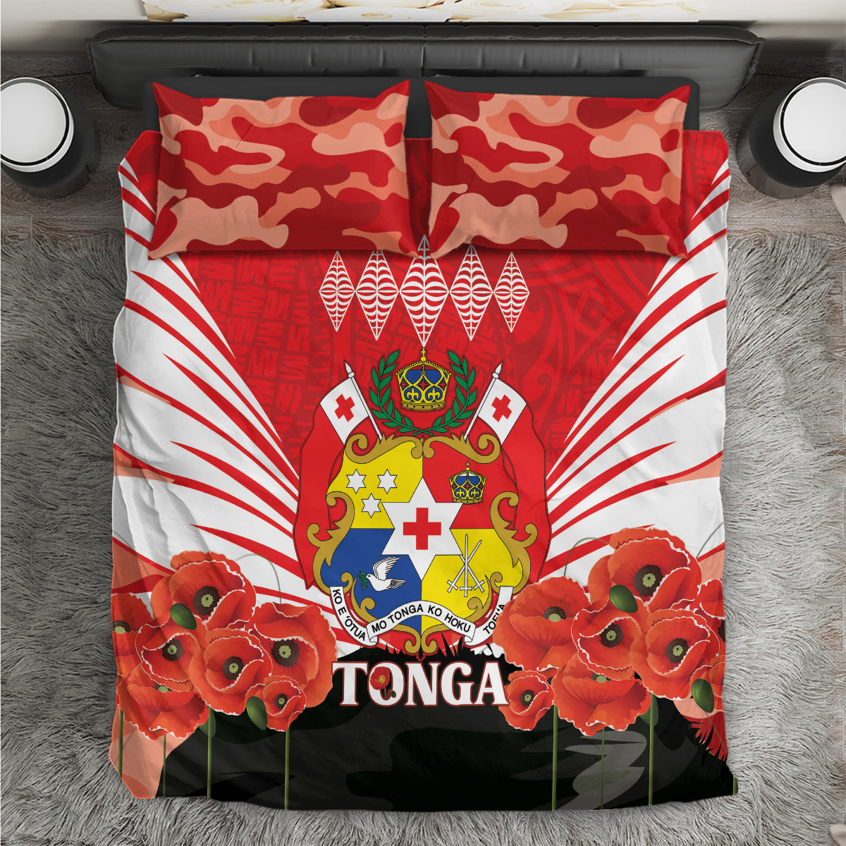 Tonga ANZAC Day Bedding Set Camouflage With Poppies Lest We Forget LT14 Red - Polynesian Pride