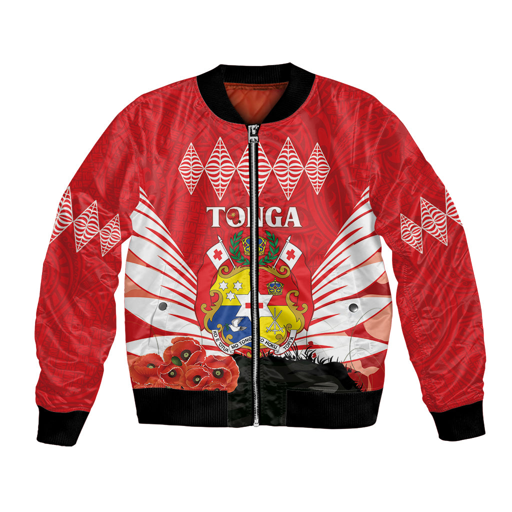 Tonga ANZAC Day Bomber Jacket Camouflage With Poppies Lest We Forget LT14 Unisex Red - Polynesian Pride