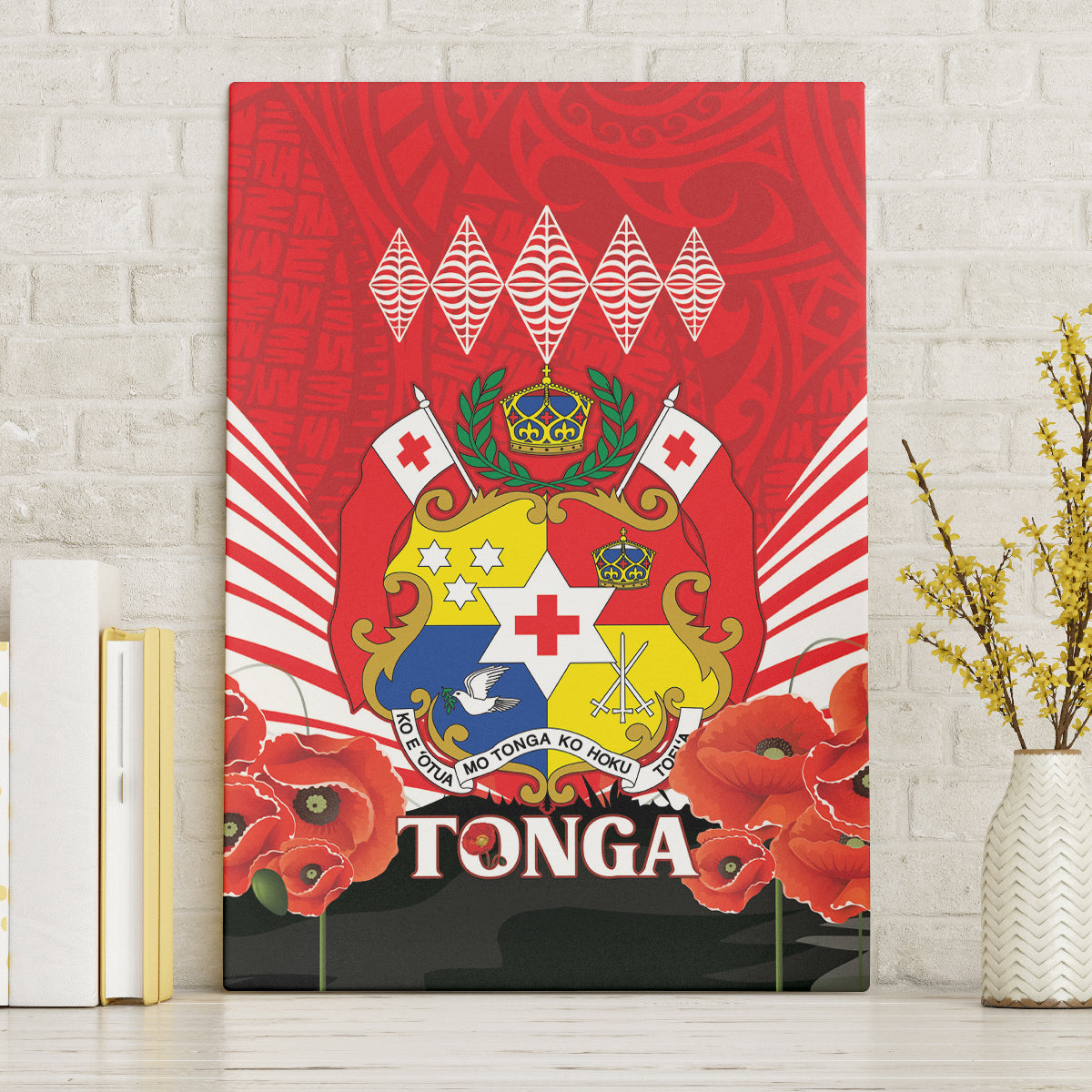 Tonga ANZAC Day Canvas Wall Art Camouflage With Poppies Lest We Forget LT14 Red - Polynesian Pride