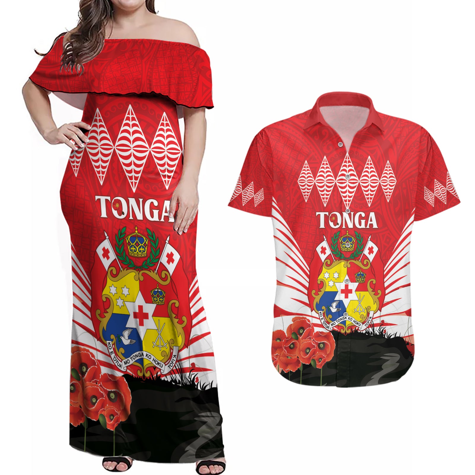 Tonga ANZAC Day Couples Matching Off Shoulder Maxi Dress and Hawaiian Shirt Camouflage With Poppies Lest We Forget LT14 Red - Polynesian Pride