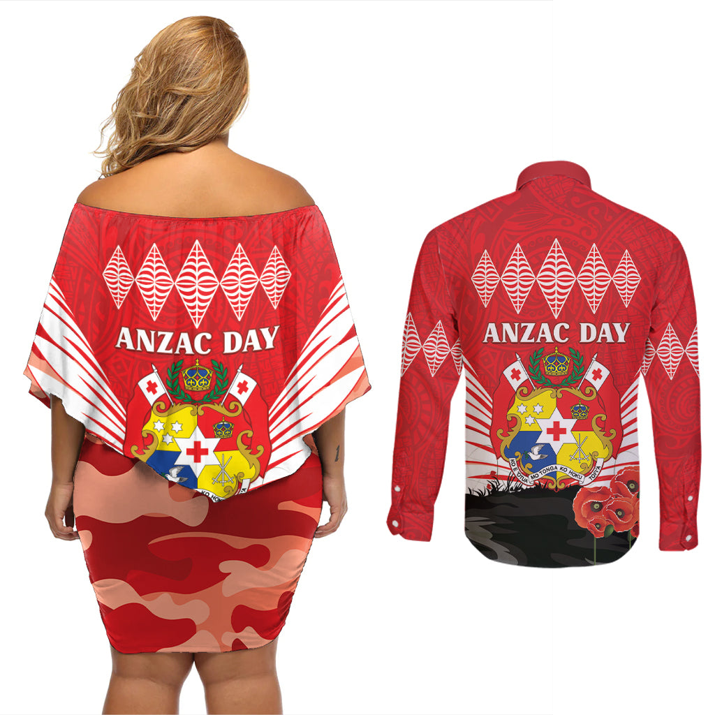 Tonga ANZAC Day Couples Matching Off Shoulder Short Dress and Long Sleeve Button Shirt Camouflage With Poppies Lest We Forget LT14 - Polynesian Pride