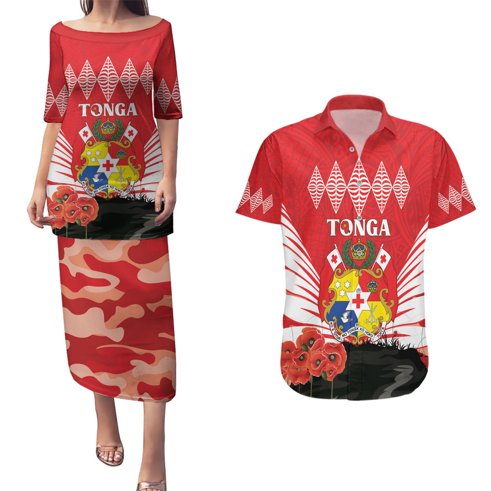 Tonga ANZAC Day Couples Matching Puletasi and Hawaiian Shirt Camouflage With Poppies Lest We Forget LT14 Red - Polynesian Pride